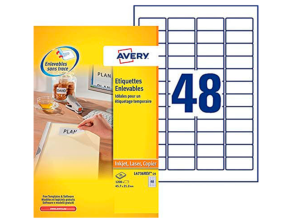 ÉTIQUETTE ADHÉSIVE AVERY ENLEVABLE LASER JET D'ENCRE 45.7X21.2MM ÉCOLOGIQUE BOÎTE 1200 UNITÉS