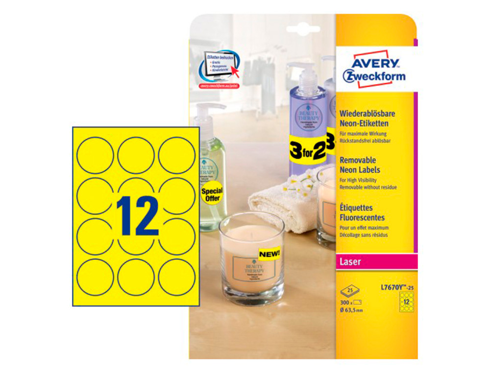 ETIQUETTE AVERY FLUORESCENTE LASER JAUNE 63,5 MM BOITE DE 300