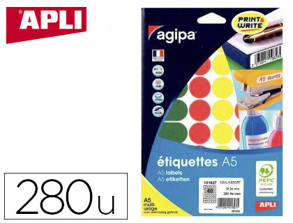 PASTILLE ADHSIVE APLI AGIPA DIAMTRE 24MM COLORIS ASSORTIS POCHETTE 280 UNITS