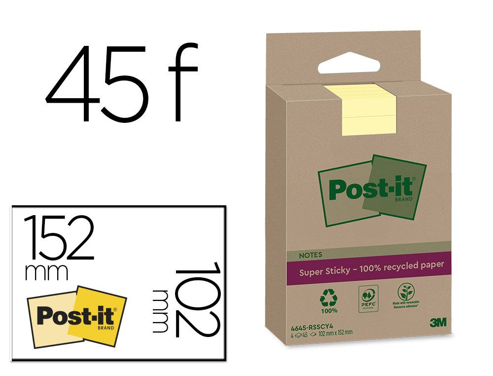 BLOC-NOTES POST-IT SUPER STICKY GRAND FORMAT RECYCLES 102X152MM 45F REPOSITIONNABLES LIGNES COLORIS JAUNE PACK 4 BLOCS