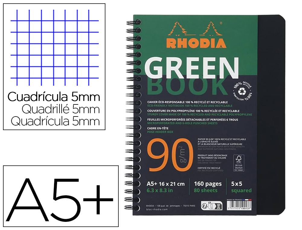 CAHIER RHODIACTIVE GREENBOOK RI 5X5 COUVERTURE PP A5+ 17X21CM 90G 160 PAGES MICROPERFOREES PERF. 6 TROUS COLORIS NOIR