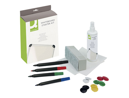 KIT NETTOYAGE Q-CONNECT TABLEAU BLANC 1 FLACON 250ML 4 MARQUEURS 10 AIMANTS 1 BROSSE RECHARGEABLE 5 LINGETTES