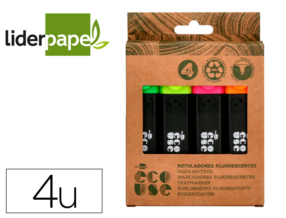 SURLIGNEUR LIDERPAPEL ECOUSE FLUORESCENT FABRIQUE 68%      PLASTIQUE RECYCLE BOITE DE 4  UN COLORIS ASSORTIS