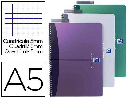 CAHIER SPIRALE OXFORD URBAN MIX COUVERTURE POLYPROPYLNE BIFACE A5 100 PAGES 5X5MM RGLE MARQUE-PAGE COLORIS ASSORTIS