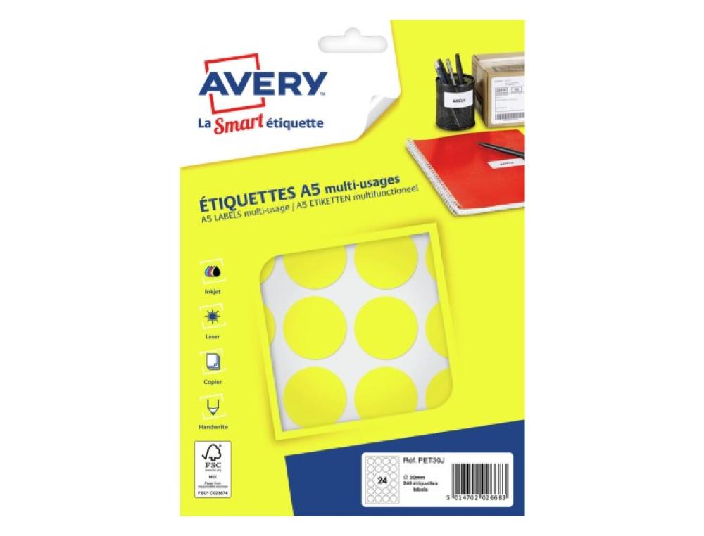 PASTILLE ADH. D30 S/240 JAUNE1PASTILLE ADHESIVE IMPRIMABLE - AVERY - DIAMETRE 30MM JAUNE - SACHET DE 240