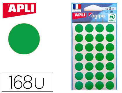 PASTILLE ADHSIVE APLI AGIPA DIAMTRE 15MM COLORIS VERT POCHETTE 168 UNITS