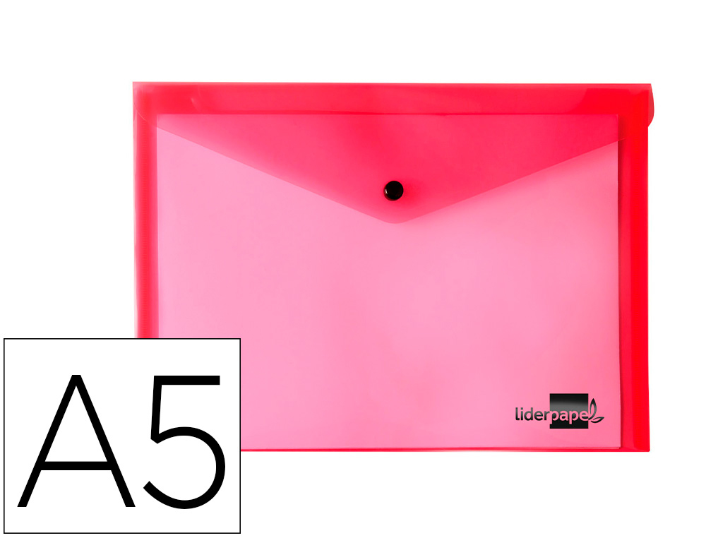POCHETTE ENVELOPPE LIDERPAPEL POLYPROPYLNE 180 MICRONS A5 210X148MM 50F FERMETURE BOUTON RSISTANT TRANSPARENT ROUGE